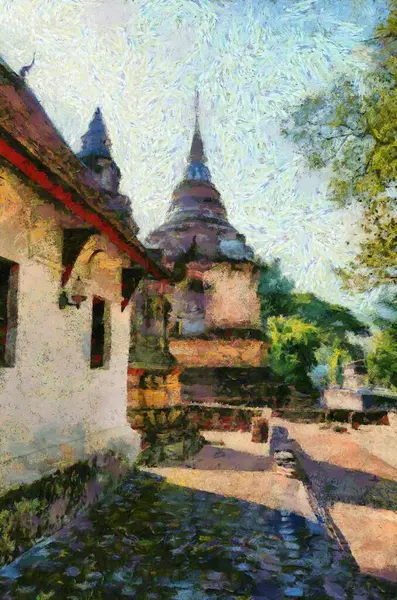 Ősi Pagoda Illusztrációk Létrehoz Egy Impresszionista Stílus Festészet — Stock Fotó