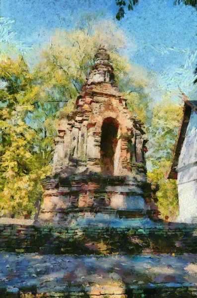 Pagoda Kuno Illustrations Menciptakan Gaya Impresionis Lukisan — Stok Foto