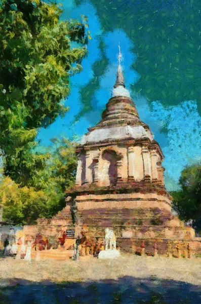 Antik Pagoda Çizimleri Empresyonist Bir Resim Stili Yaratıyor — Stok fotoğraf