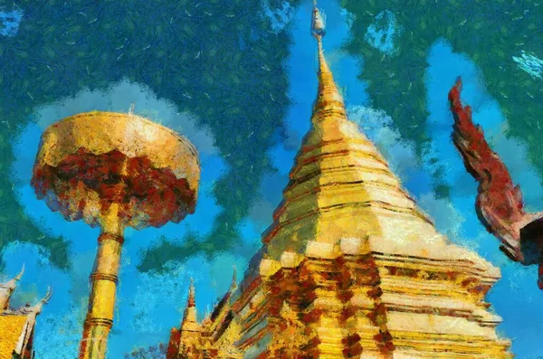 Wat Phra Doi Suthep Tapınağı Chiang Mai Tayland Llüstrasyonları Izlenimci — Stok fotoğraf