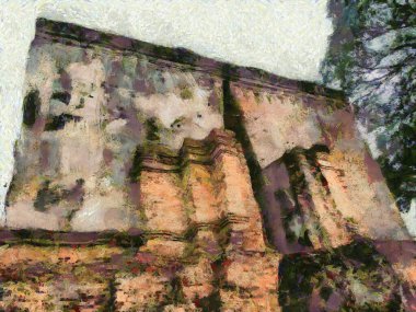 Tayland 'daki asırlık tarihi binaların kalıntıları empresyonist stil çizimleri..