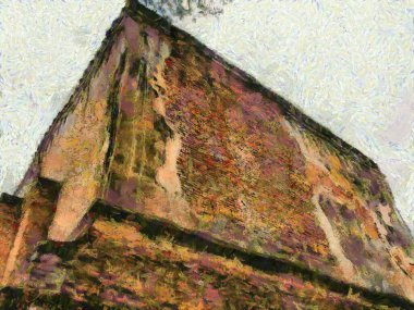 Tayland 'daki asırlık tarihi binaların kalıntıları empresyonist stil çizimleri..