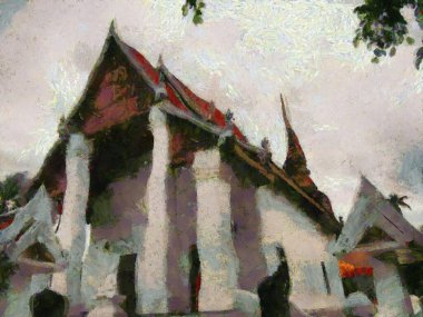 Tayland 'daki asırlık tarihi binaların kalıntıları empresyonist stil çizimleri..