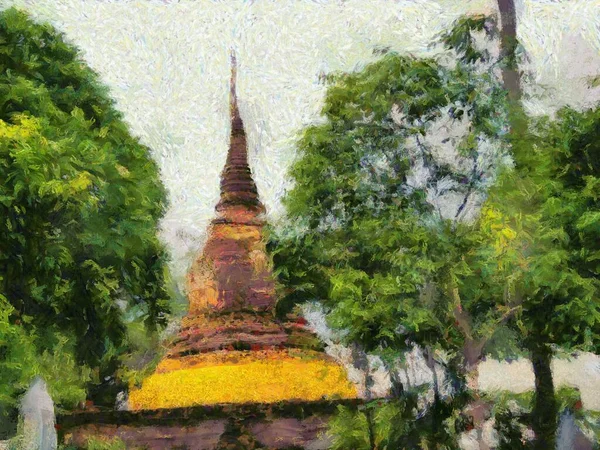 Kvarlevor Hundraåriga Historiska Byggnader Thailand Impressionistiska Stil Illustrationer — Stockfoto