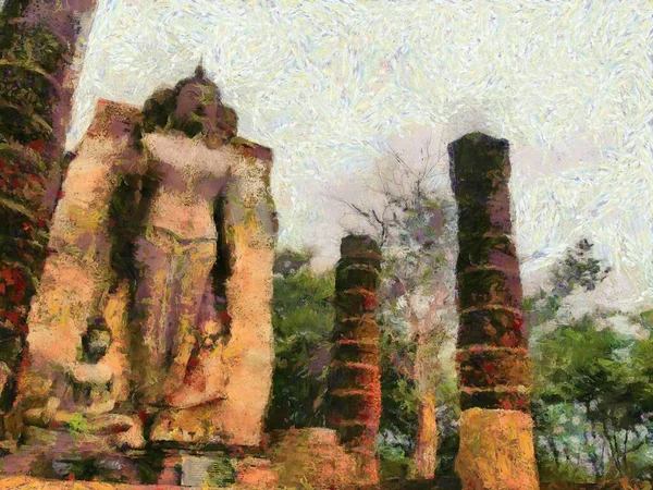 Resti Edifici Storici Secolari Thailandia Illustrazioni Stile Impressionista — Foto Stock