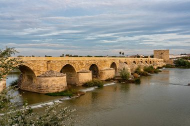 Cordoba, Endülüs, İspanya 'da Calahorra Kulesi ile Roma köprüsü