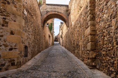 Caceres, Extremadura, İspanya 'da eski taş binaların olduğu dar bir sokak..