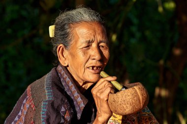 Bagan, Myanmar - 14 Kasım 2019: Birmanyalı kadın Bagan 'da puro içiyor