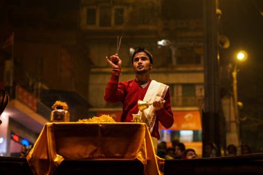 Varanasi, India - Dec 25, 2019: Ganga Aarti on the Dashashwamedh Ghat