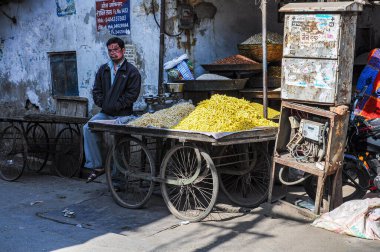 Udaipur, India - Jan 03, 2020: Traditional indian street market in Udaipur