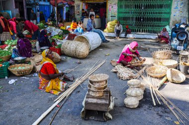Udaipur, India - Jan 03, 2020: Traditional indian street market in Udaipur