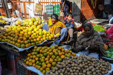 Udaipur, India - Jan 03, 2020: Traditional indian street market in Udaipur