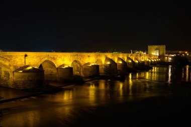 Gece Cordoba, Endülüs, İspanya 'da Calahorra Kulesi ile Roma köprüsü