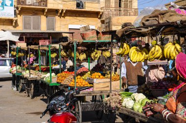 Jaisalmer, India - Dec 31, 2019: Traditional indian street market in Jaisalmer