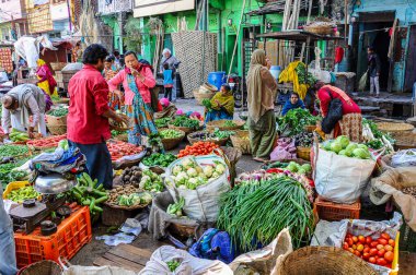 Udaipur, India - Jan 03, 2020: Traditional indian street market in Udaipur