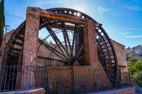 Ancient arabic mill, water noria at Abaran village in Murcia region, Spain Europe. Ruta de las Norias, Noria Grande