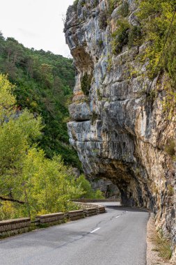 Verdon Gorge, Gorges du Verdon, Fransız Alpleri, Provence, Fransa 'da turkuaz yeşili kıvrımlı nehir ve yüksek kireçtaşı kayalarıyla ünlü kanyonun muhteşem manzarası.