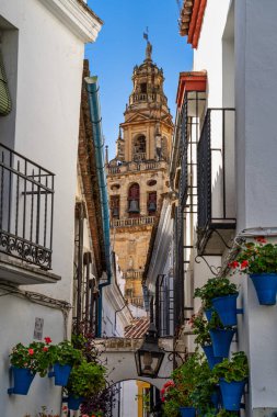 Cordoba, İspanya - 03 Kasım 2019: Çan Kulesi, Cordoba Camii-Katedrali, İspanya. Mezquita 'nın bir minaresi katedralin çan kulesine dönüştürüldü..