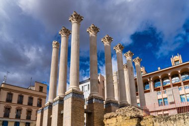 Cordoba, İspanya - 03 Kasım 2019: Roma tapınağının kalan sütunları, Cordoba, Endülüs 'ün tempo romanosu, İspanya