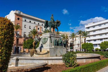 Miguel Primo de Rivera 'nın heykeli Plaza del Arenal' de, Jerez de la Frontera Cadiz 'in büyük meydanı İspanya Endülüs