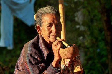 Bagan, Myanmar - 14 Kasım 2019: Birmanyalı kadın Bagan 'da puro içiyor, Myanmar Asya' da eski Burma