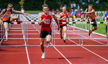 Regensburg, Germany - July 20, 2019: bavarian athletics championship hurdle race event clipart