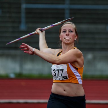 Regensburg, Almanya - 20 Temmuz 2019: Bavyera Atletizm Şampiyonası cirit atma etkinliği