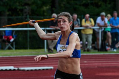 Regensburg, Almanya - 20 Temmuz 2019: Bavyera Atletizm Şampiyonası cirit atma etkinliği