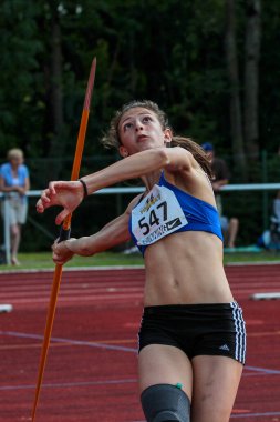 Regensburg, Almanya - 20 Temmuz 2019: Bavyera Atletizm Şampiyonası cirit atma etkinliği