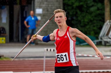 Regensburg, Almanya - 20 Temmuz 2019: Bavyera Atletizm Şampiyonası cirit atma etkinliği