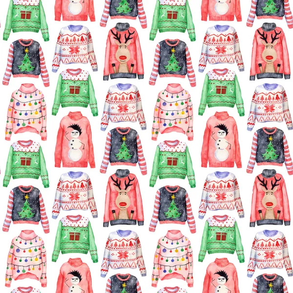 Watercolor pattern of ugly Christmas sweaters on white background. Christmas jumper day clothes.