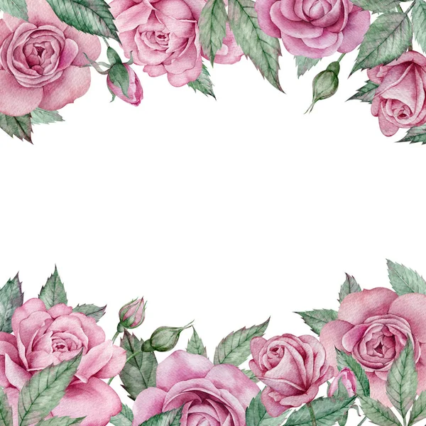Pink roses frame. Watercolor hand-drawn square floral wedding frame. Valentines day template.
