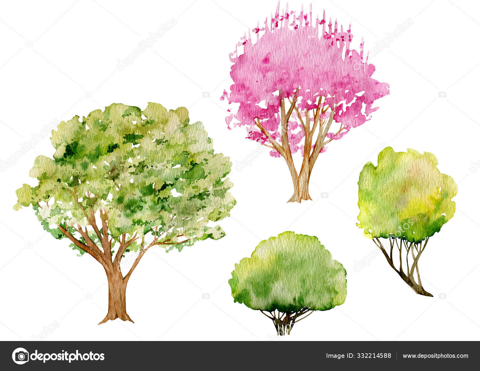 Watercolor Clipart Of Trees And Bushes Cherry Pink Blossom Tree In Early Spring Fresh Green And Yellow Bushes Stock Photo C Minerva85 Mail Ru