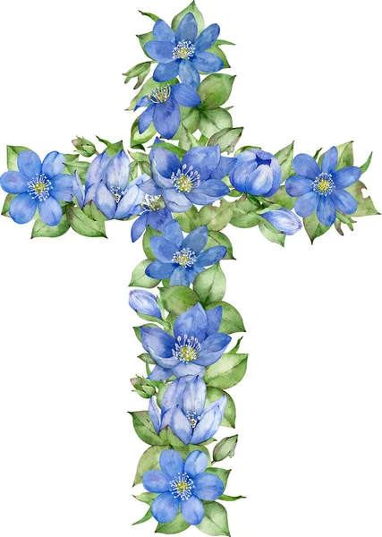 Cross with blue spring flowers isolated on white background.