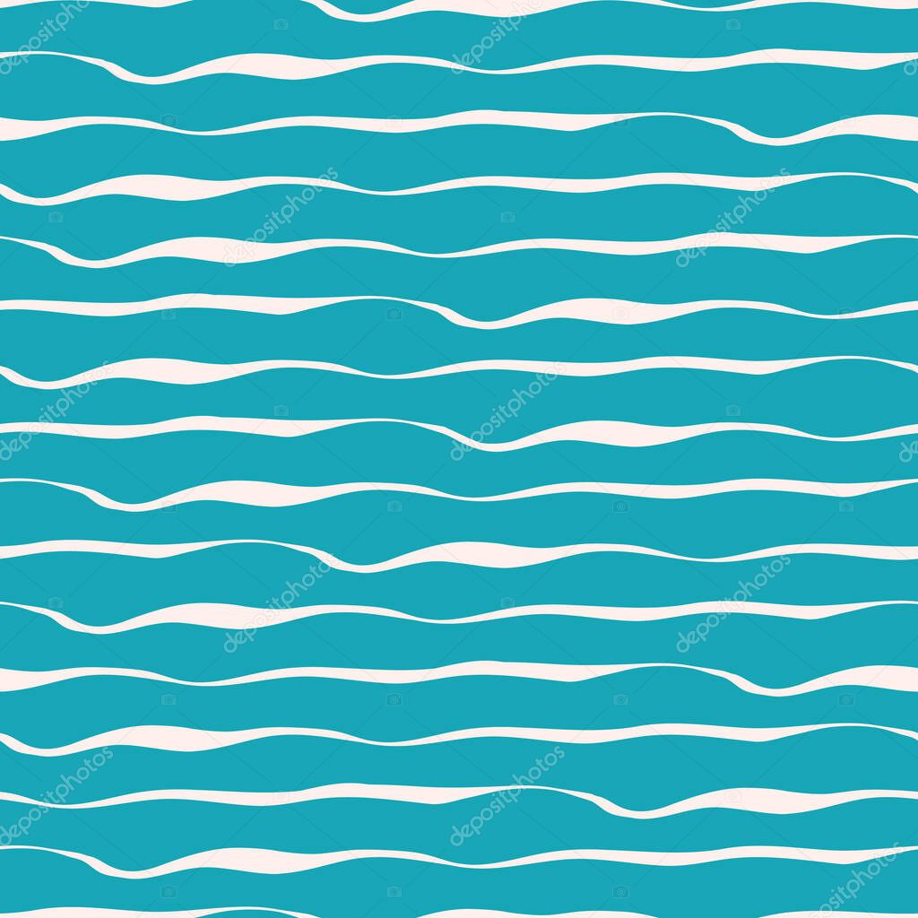Abstract hand drawn dense brushstroke style sea waves or lines. Seamless geometric vector pattern on ocean blue background. Great for marine themed products, spa, wellness, beauty, stationery, concept