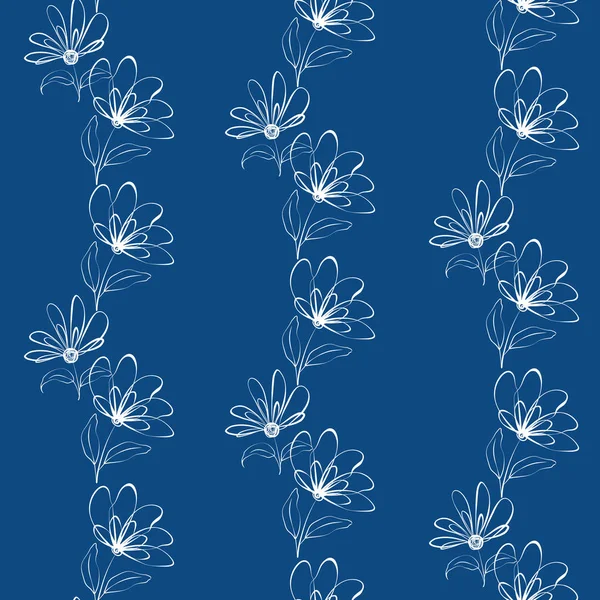 Fluindo flores brancas desenhadas à mão e folhas em design de estilo geométrico vertical. Padrão vetorial sem emenda no fundo azul. Ótimo para bem-estar, saúde, produtos de verão, embalagem, papelaria, textura —  Vetores de Stock