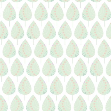 El yapımı pastel yeşil folklor yaprakları girdap ve dairelerle süslenmiş. Beyaz arka planda kusursuz geometrik vektör deseni. Sağlık, sağlık, yaz ürünleri, kırtasiye, ambalaj için harika.