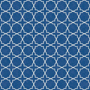 Suluboya stilinde geleneksel bembeyaz folyo kafes tasarımı mavi arkaplan desenli. Kusursuz vektör deseni. Refah, spa, yaz ürünleri, kırtasiye, ambalaj, kumaş için mükemmel..