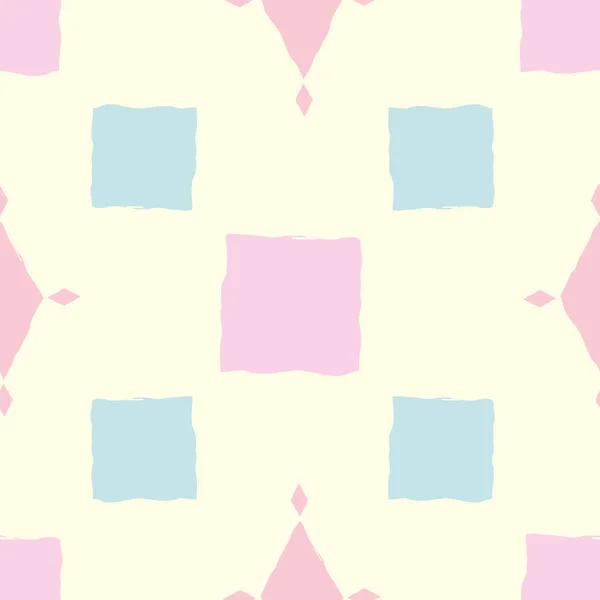Vector de color rosa pastel y azul cuadrados y diamantes sobre fondo amarillo claro. Patrón geométrico sin costuras. Efecto pictórico irregular. Ideal para bebé, primavera, spa, productos, embalaje, papelería — Vector de stock