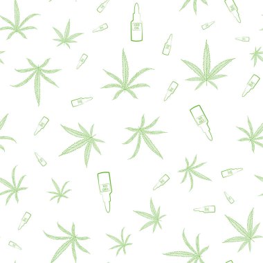 Vektör yeşil kenevir yaprakları ve Cbd cam damlaları tasarımı. Beyaz arka planda kusursuz çizgiler. Sağlık, tıbbi, bitkisel ürünler ve ambalaj, ağ, doku için mükemmel