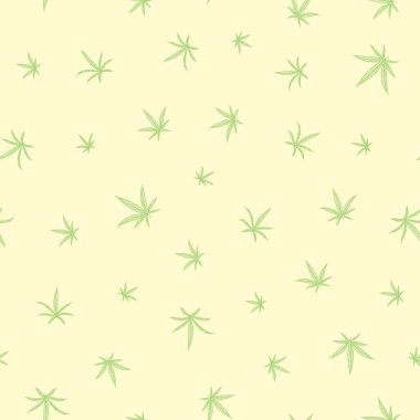 Yeşil el çizilmiş vektör tüm parmak izi üzerinde gevşek bırakır. Pastel sarı arka planda pürüzsüz desen. Sağlık, sağlık, organik, bahçe ürünleri, ambalaj, broşürler, baskı, kumaş