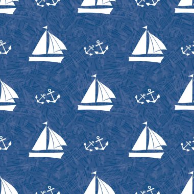 Stencil stili beyaz yelkenli tekneler ve çapa kümeleri. Lacivert arka planda suluboya desenli kusursuz desen. Denizcilik, yaz ürünleri, spor, tatil, kırtasiye