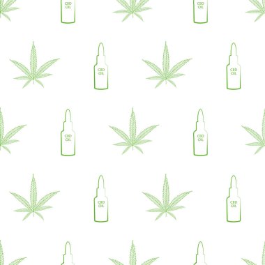 Yeşil kenevir yaprakları ve Cbd yağ düşürücü şişeli sağlık temalı vektör tasarımı. Beyaz arka planda kusursuz jeoelektrik çizgiler. Sağlık, tıbbi ürünler ve ambalaj için mükemmel.,