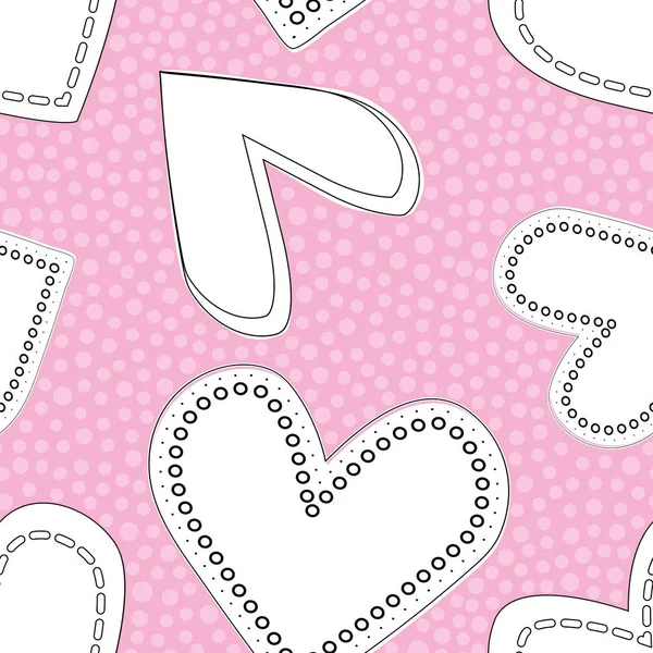 Vektor weiße und schwarze Linie Kunst Doodle Herzen Design. nahtloses Muster auf dichtem gepunktetem rosa Hintergrund. ideal für Valentinstag, Hochzeit, Jahrestag, Baby-Mädchen, Stoff, Geschenkpapier, Schreibwaren — Stockvektor