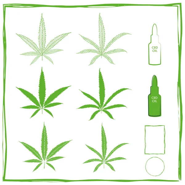 Ícones verdes vetoriais de canabidiol pintado em linha arte, silhueta e estêncil. Dois tipos diferentes de folhas de maconha e garrafas conta-gotas CBD. Três quadros de pincel diferentes para etiquetas . — Vetor de Stock