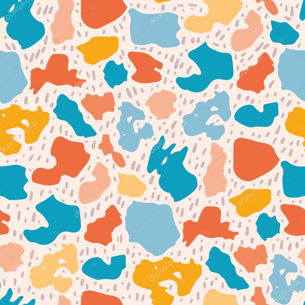 Memphis design orange, yellow and blue vector pattern with modern terrazzo twist. Abstract seamless repeat design featuring hand drawn beige pencil marks on pastel pink background. For print, fabric