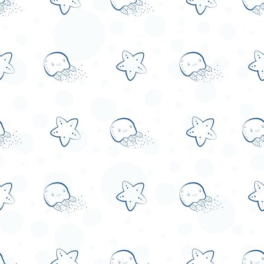 Şirin Kawaii denizanası ve denizyıldızlarının kusursuz vektör desenleri. Beyaz ve mavi olarak el çizimi sanat tarzı. Eğlenceli yaz kumsalı konsepti.