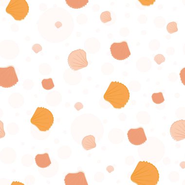 Kum üzerinde deniz kabukları, kusursuz vektör deseni. El çizimi sanat eseri. Monokrom dağınık midyeler okyanus kabarcığı arka planını tekrarlıyor. Sıcak yaz tatili konsepti için tüm baskılarda Sucul çizimleri