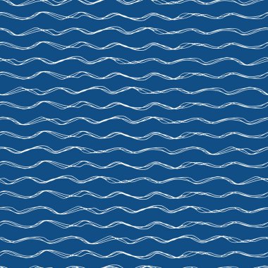 Dalgalı çizgiler, kusursuz vektör şablonu. Düz olmayan el, deniz dalgalarını arka plana çekti. Soyut deniz geometrik çizgili çizimler. Deniz, su ve okyanus kıyısı tatili için..