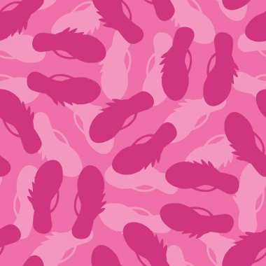 Parmak arası terlik, kusursuz vektör desenli arka plan. Pembe tonlarda şık sandalet siluetleri. Arkaplanda tropikal bir hava var. Her yerde sıcak yaz var. Plaj tatili ve düğün konsepti için.